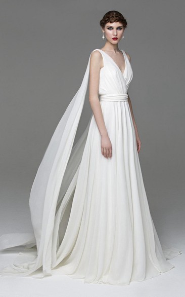 Chiffon V-Neck Sleeveless A-Line Dress With Lace-Up Back