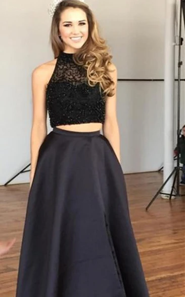 Sexy Two Piece Beadings Evening Dress Front Split Sweep Train