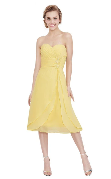 Sweetheart Tea-length Chiffon Dress With Pleats