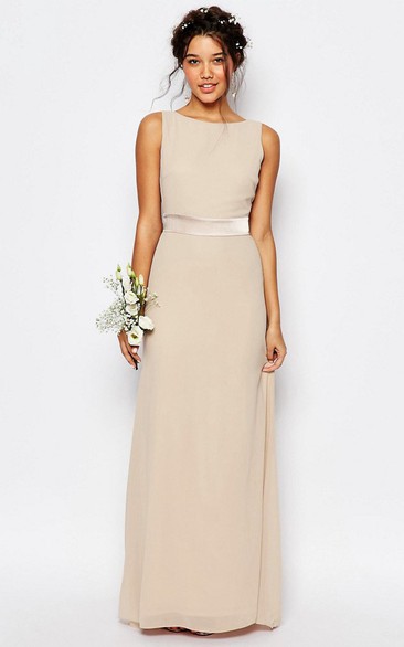 Floor-Length Sleeveless Bowed Bateau Neck Chiffon Bridesmaid Dress