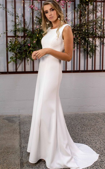 Modern Sheath Bateau Satin Lace Floor-length Sweep Train Wedding Dress