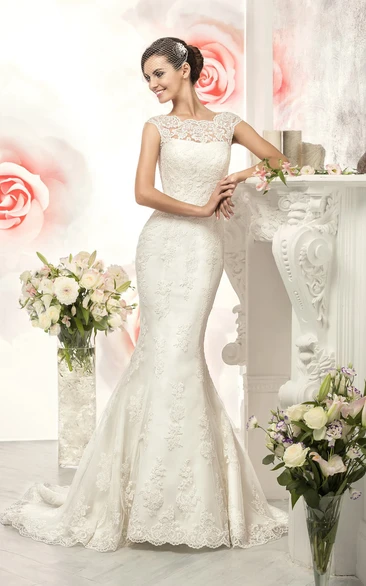 Mermaid Long Bateau Cap-Sleeve Illusion Lace Dress With Appliques