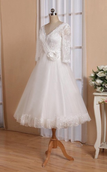 V-Neck Half Sleeve Button Back Tulle Wedding Dress With Sash And Flower