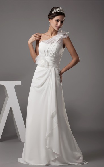 One-Shoulder Sheath Chiffon Dress With Floral Epaulet