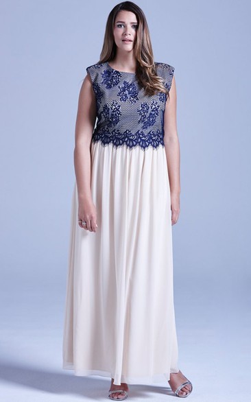 Long Cap-Sleeved Chiffon Fabulous Dress With Lace Bodice