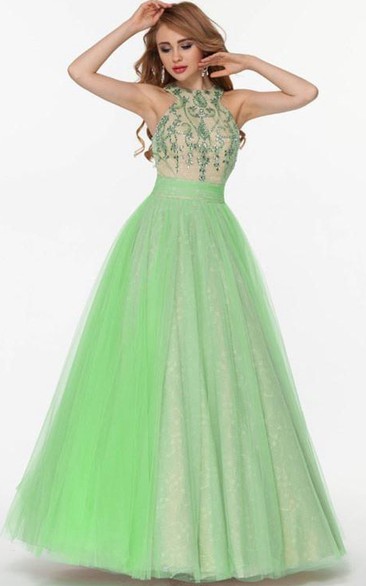 A-Line Halter Beading Bowknot Floor-Length Prom Dress