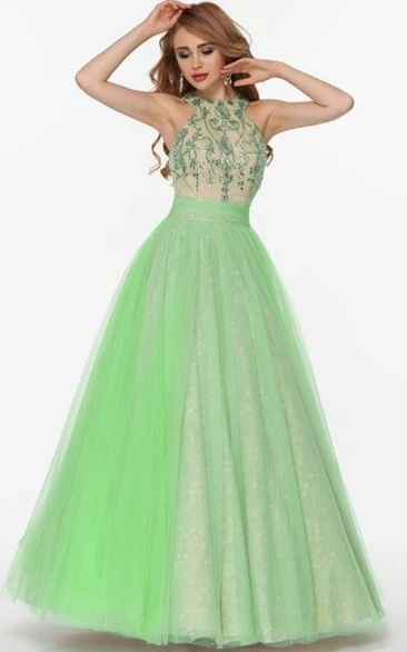 A-Line Halter Beading Bowknot Floor-Length Prom Dress