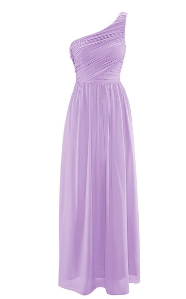 Long Simple One-shoulder Chiffon Ruched A-line Dress