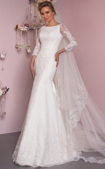 Mermaid Floor-Length Appliqued Scoop Neck 3-4 Sleeve Lace Wedding Dress