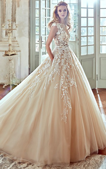 V-Neck A-Line Wedding Dress With Floral Lace Appliques and Pleated Tulle Skirt