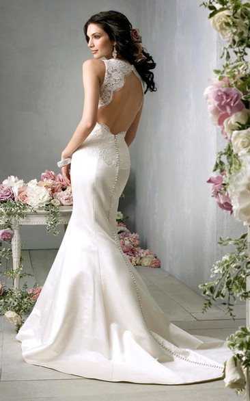 Demure V-Neck Lace Bodice Satin Mermaid Gown With Open Back