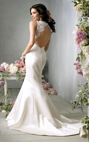 Demure V-Neck Lace Bodice Satin Mermaid Gown With Open Back