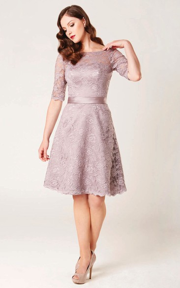 A-Line Knee-Length Appliqued Half Sleeve Bateau Neck Lace Bridesmaid Dress