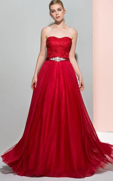 A-Line Sweetheart Beading Lace Sashes Floor-Length Prom Dress