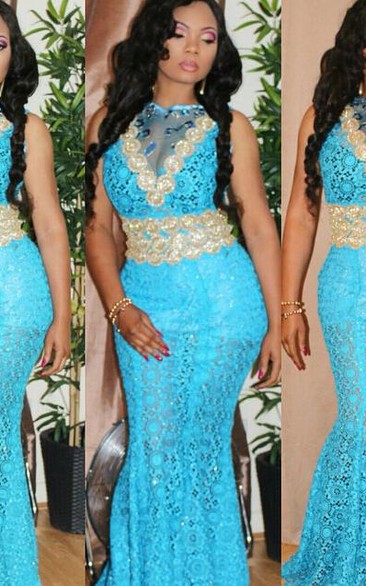 Elegant Sleeveless High Neck Evening Dress Lace Mermaid Floor Length