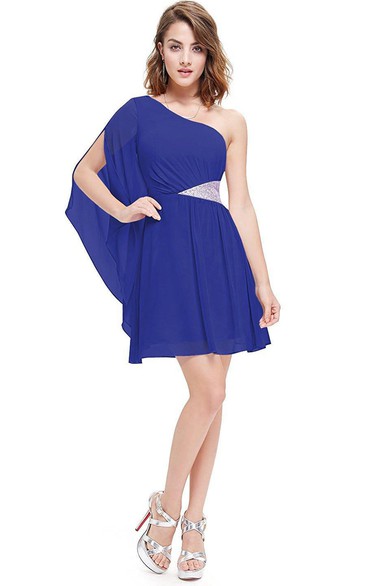 One-shoulder A-line Short Chiffon Dress with Pleats