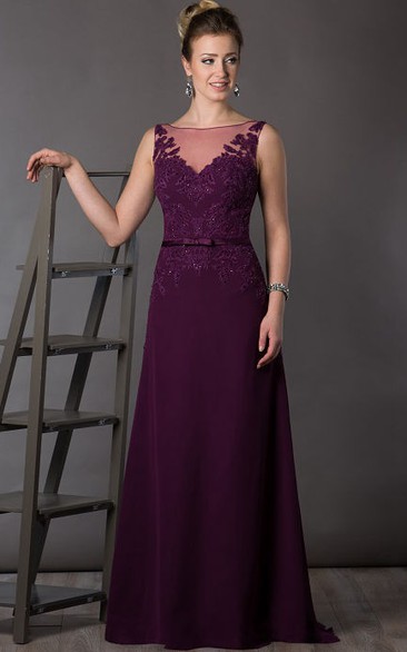 A-Line Floor-Length Bateau Sleeveless Chiffon Appliques Sweep Brush Train Deep-V Back Dress