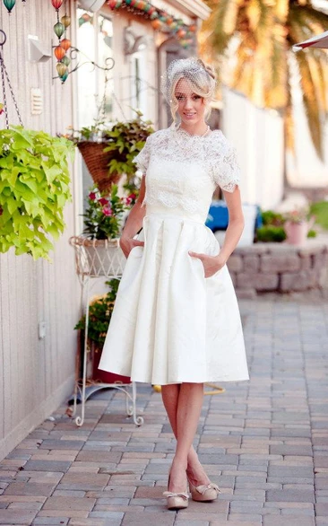 Scalloped Short Sleeve Satin Wedding Dress With Lace And Button Back