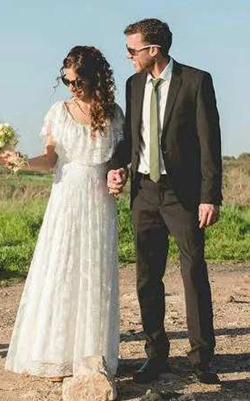 Boho Scoop-Neck Lace And Pleated Wedding Dress