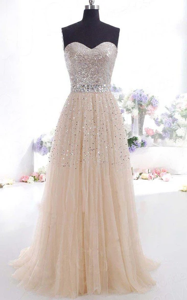 A-Line Tulle Sequins Sweetheart Sleeveless Zipper Dress