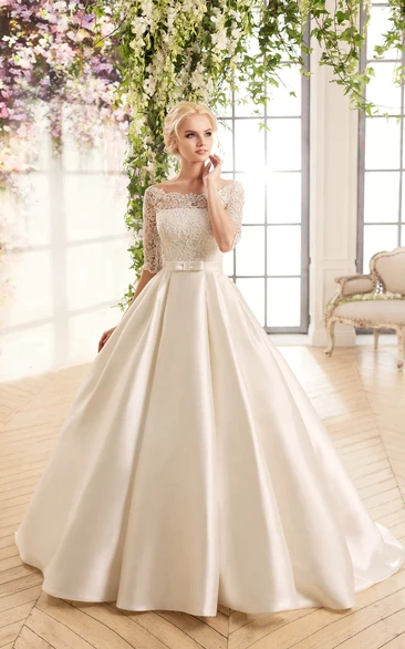 Ball Gown Long Bateau Half-Sleeve Illusion Satin Dress With Lace