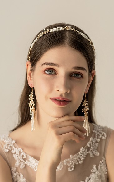 Trendy Pearl Alloy Bridal Headbands and Earrings 