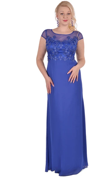 Sheath Floor-Length Jewel Short Sleeve Chiffon Appliques Zipper Dress