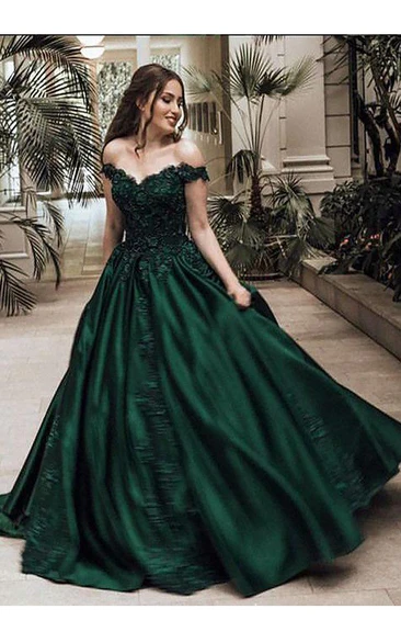 A-Line Ball Gown Satin Lace Off-the-shoulder Short Sleeve Zipper Dress