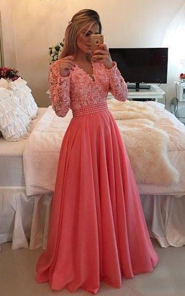 A-line V-neck Long Sleeve Beading Appliques Chiffon Lace Dress