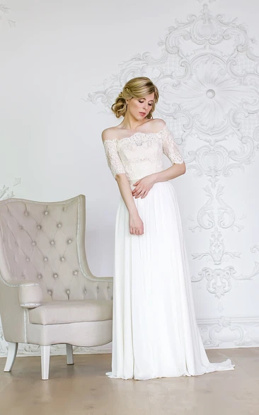 Off-the-shoulder A-line Chiffon Wedding Dress With Lace Bodice