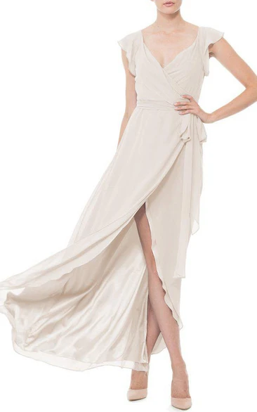 Falbala V-neck Wrap Chiffon Dress with Front Split