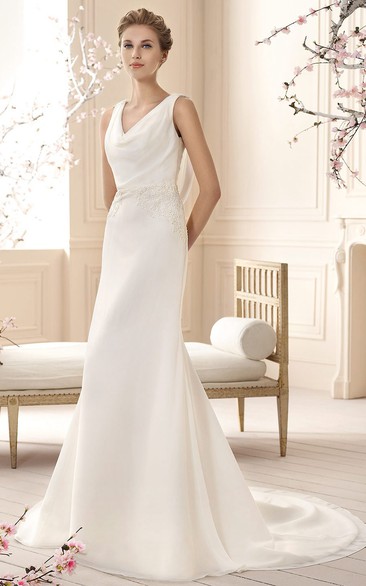 Sheath Cowl-Neck Floor-Length Appliqued Sleeveless Chiffon Wedding Dress