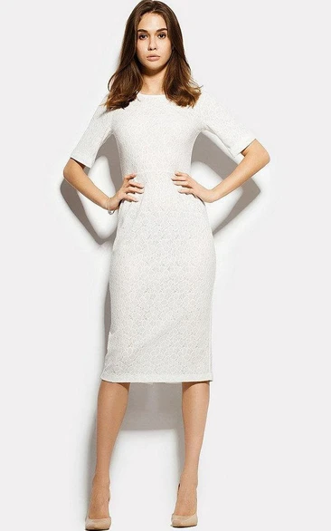 Bateau Half Sleeve Lace Sheath Knee Length Dress With Split