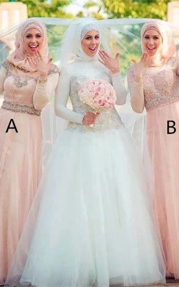 Elegant Long Sleeve Tulle Bridesmaid Dress High Neck Beadings