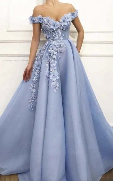 Floral Appliqued Adorable Off-the-shoulder Ball Gown Dress With Beading