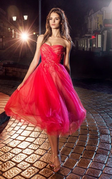 A-Line Knee-Length Strapless Tulle Backless Dress With Criss Cross And Flower