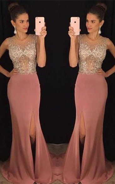 Stunning Sleeveless Crystal Prom Dresses Slit Floor Length