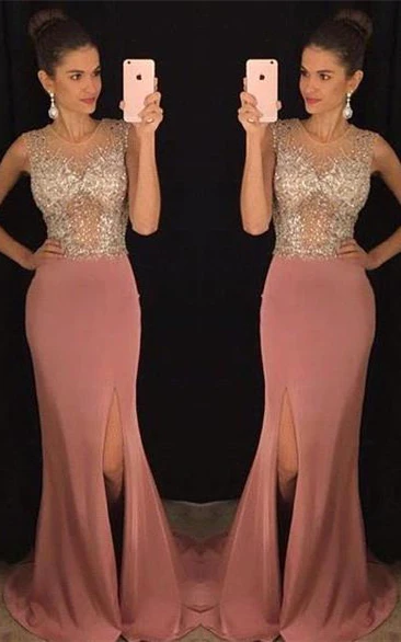 Stunning Sleeveless Crystal Prom Dresses Slit Floor Length