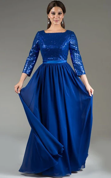 Square Neck 3-4 Sleeve Sequin Top Chiffon Long Mother Of The Bride Dress With Satin Sash