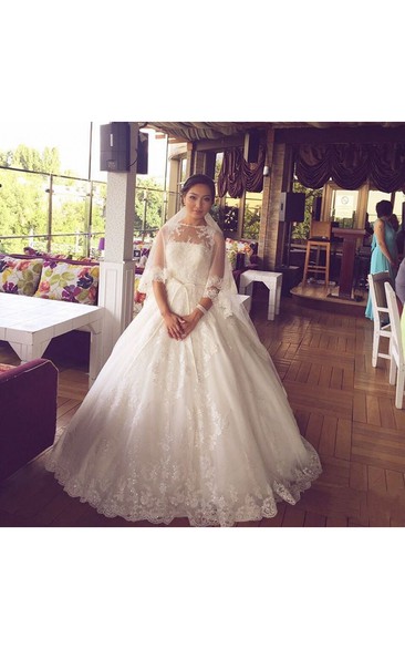 Illusion Neckline Long-sleeved Tulle Ball Gown With Lace