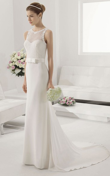 Scoop Neck Sleeveless Sheath Long Wedding Dress With Belt And Pearl Net Bodice