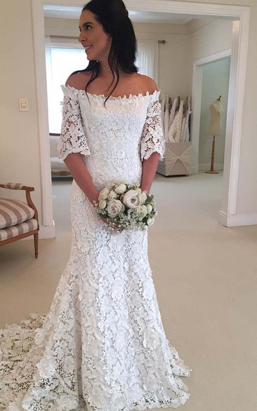 Vintage Bohemian Off The Shoulder Half Long Sleeves Lace Bridal Gown