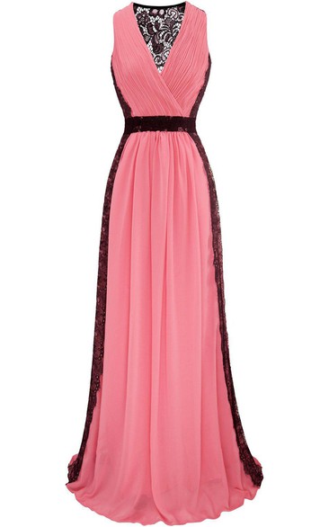 Sexy V-neck Sheath Long Chiffon Dress With Illusion Back