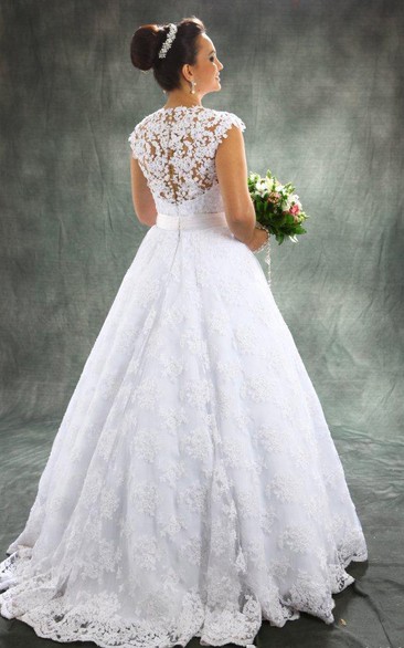 Vintage A Line Detachable Train Sheer Neck Bridal Gown