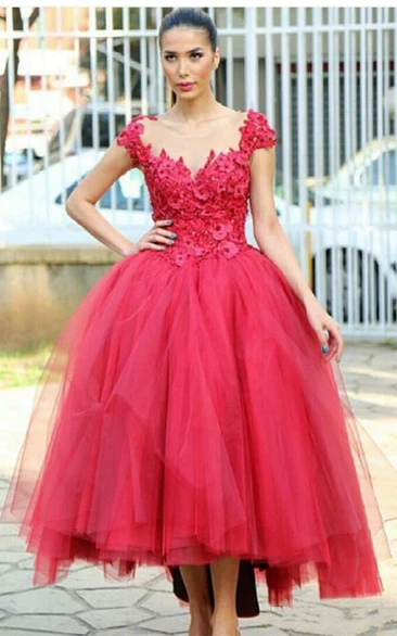 Newest Cap Sleeve Tulle Evening Dress Tea-length Lace Appliques