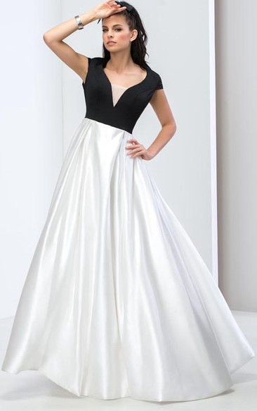 Vintage A-Line Cap Sleeve Color Block Prom Dress