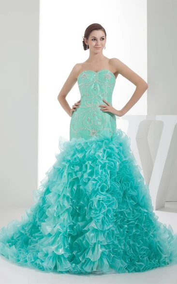 Sweetheart A-Line Ruffled Gown With Gemmed Bodice