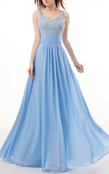 A-Line Spaghetti Neck Beading Floor-Length Prom Dress