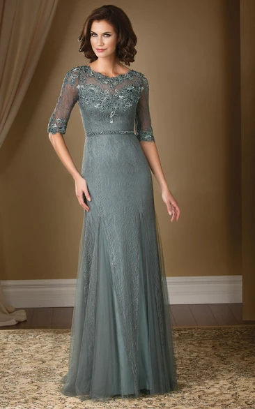 Half-Sleeved Long Mother Of The Bride Dress With Lace And Illusion Detail