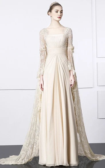 Square Sheath Bat Sleeve Lace Chiffon Unique Gown With Train